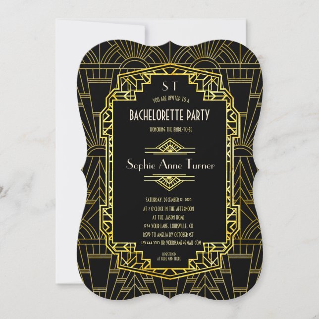 Black & Guld Underbar Gatsby Bachelorette Party Inbjudningar (Framsida)