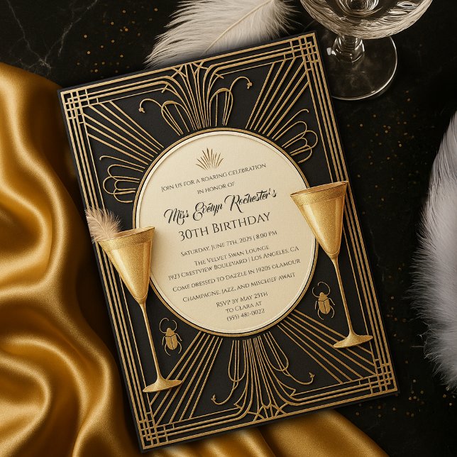 Black Guld Underbar Gatsby Milestone Birthday Inbjudningar (Black Gold Great Gatsby Milestone Birthday Invitation
)