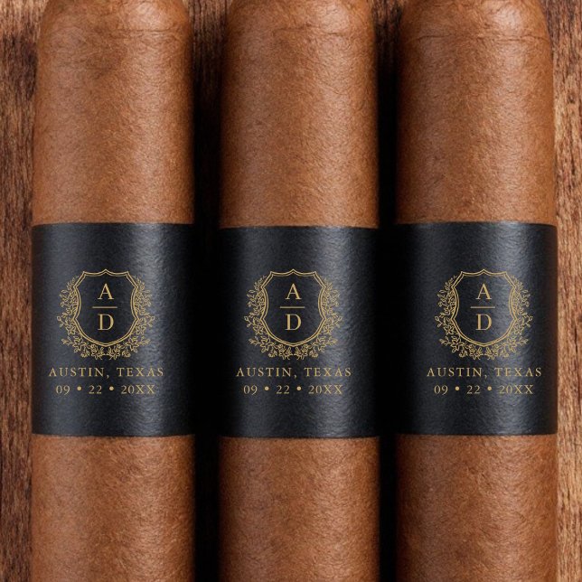 Black Guld Vapensköld Monogram Bröllop Cigar Band Returadress Etikett (Skapare uppladdad)