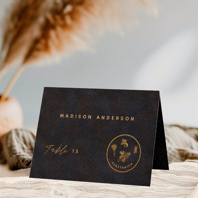 Black Guld Vegetarian Meal Choice Guest Namn Card Tack Kort (Skapare uppladdad)