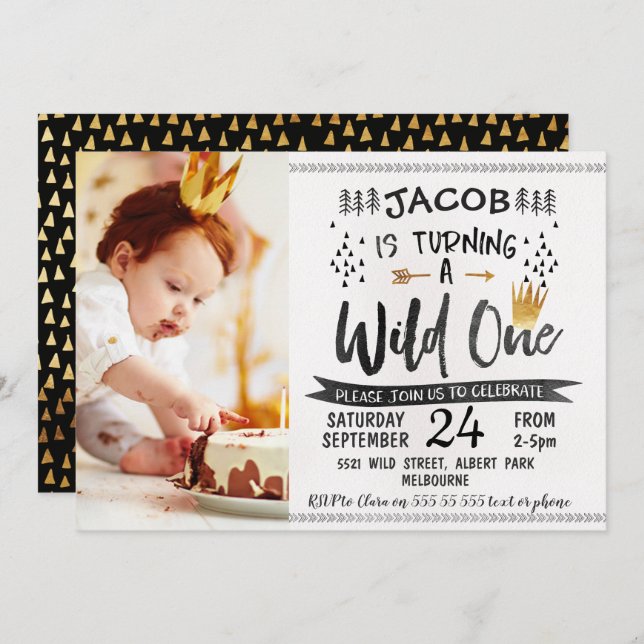 Black Guld Vild Ett foto 1:a födelsedagsinbjudan Inbjudningar (Fram/baksida)