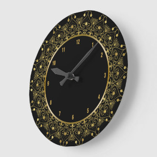 Black & Guld Vintage Blommigt Mandala Stor Klocka