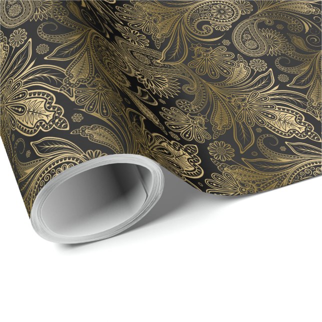 Black & Guld Vintage Indien Ham Paisley Presentpapper (Rullad Hörn)