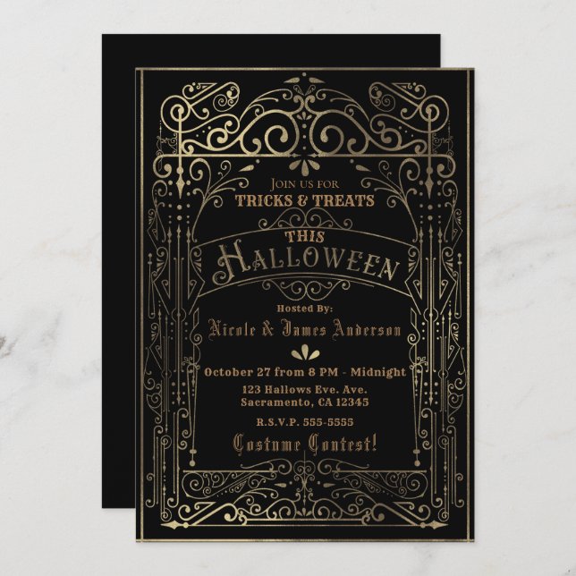 Black & Guld Vintage Victorian Deco Halloween Inbjudningar (Fram/baksida)