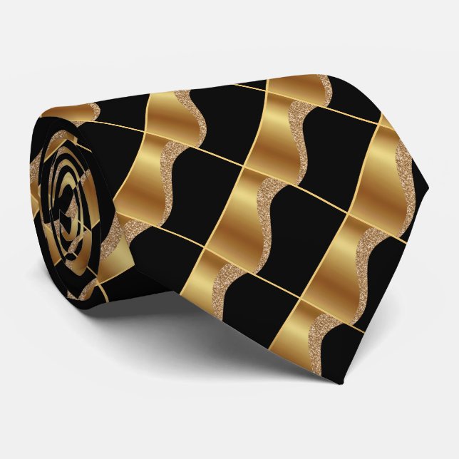 BLACK GULD WAVE GEOMETRIC ABSTRAKT TIE SLIPS (Rullad)