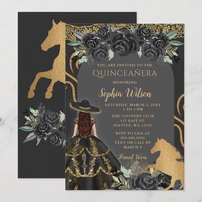 Black Guld Western Horse Blommigt Charra Quinceañe Inbjudningar (Fram/baksida)