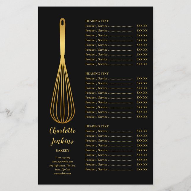 Black Guld Whisk Bakery Patisserie Service Menu Flygblad (Framsidan)