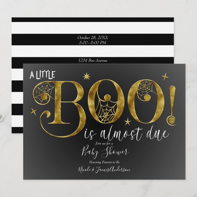 Black Guld White BOO Elegant Baby Shower Inbjudningar (Fram/baksida)
