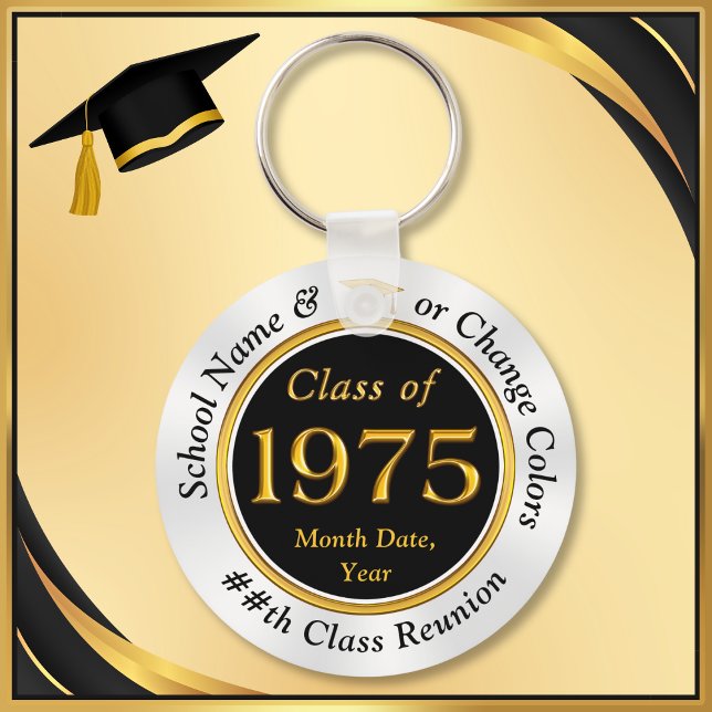 Black, Guld, White, klass 1975 Reunion Ideas Nyckelring (Class of 1975 Reunion, party favors, souvenirs and inexpensive class reunion gifts. Black and Gold.)