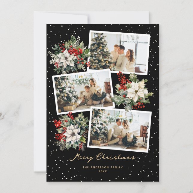 Black Guld White Poinsettia Photo God jul Julkort (Framsida)