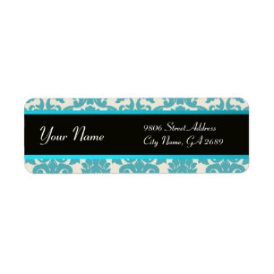 BLACK GULT AQUA BLUE TEAL DAMASK RETURADRESS ETIKETT