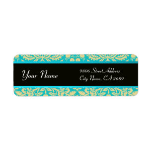 BLACK GULT AQUA BLUE TEAL DAMASK RETURADRESS ETIKETT