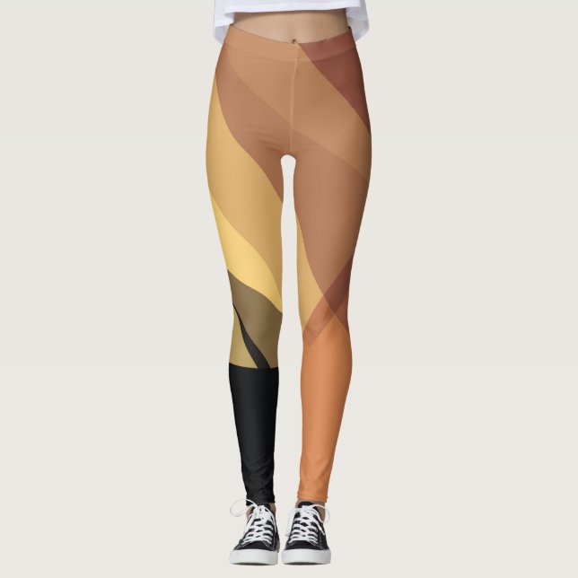 Black Gult Brown Modern Geometric Mönster Leggings (Framsida)