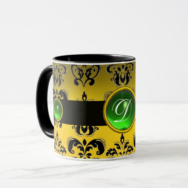 BLACK GULT DAMASK EMERALD GRÖNT GEM MONOGRAM MUGG (Framsida vänster)