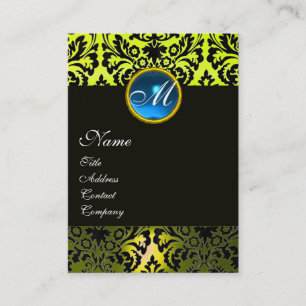 BLACK GULT DAMASK MONOGRAM, Blue Sapphire Visitkort