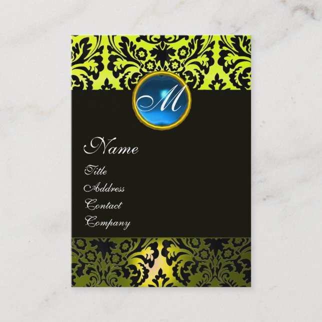 BLACK GULT DAMASK MONOGRAM, Blue Sapphire Visitkort (Framsida)