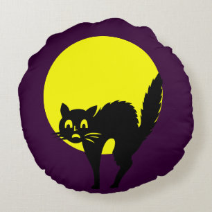 Black gult lila döskallars cat måne Halloween Rund Kudde