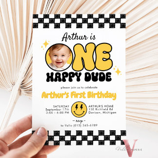 Black Gult ONE LYCKLIG DUDE Photo Groovy Birthday Inbjudningar