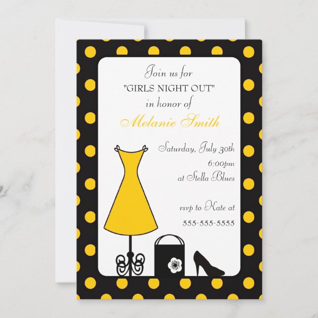 Black Gult Polka Dot Girl's Night Out Inbjudningar (Framsida)
