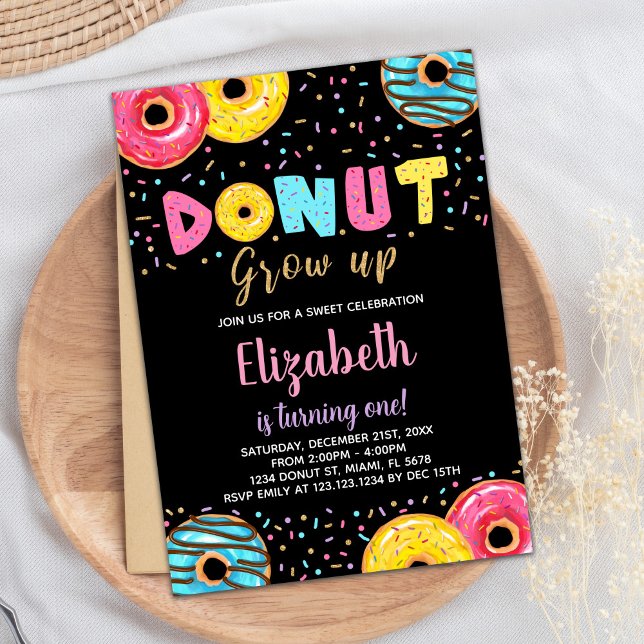 Black Gult Rosa Grönt Donut Birthday-inbjudningar Inbjudningar (Black Yellow Pink Green Donut Birthday Invitations)