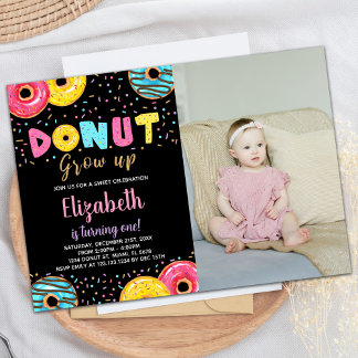Black Gult Rosa Grönt Donut Birthday med foto Inbjudningar