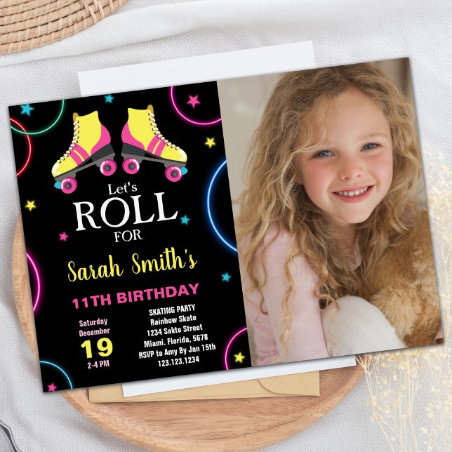 Black Gult Rosa Skating Birthday med Photo Inbjudningar (Black Yellow Pink Skating Birthday with Photo Invitation)