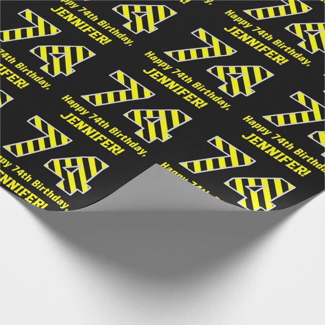 Black & Gult Stripe "74", 74:e födelsedag + Namn Presentpapper (Hörn)