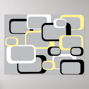 Black Gult White Grått Retro Squares Mid Century Poster