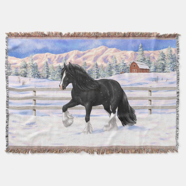 Black Gypsy Vanner Irish Cob Draft Horse i Snö Filt (Framsidan)