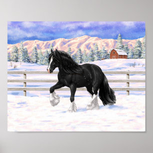 Black Gypsy Vanner Irish Cob Draft Horse i Snö Poster