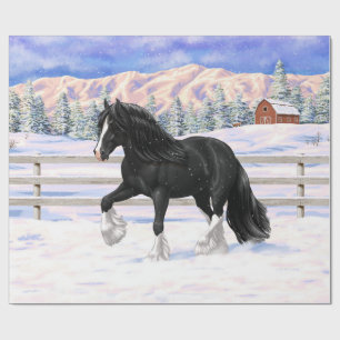 Black Gypsy Vanner Irish Cob Draft Horse i Snö Presentpapper