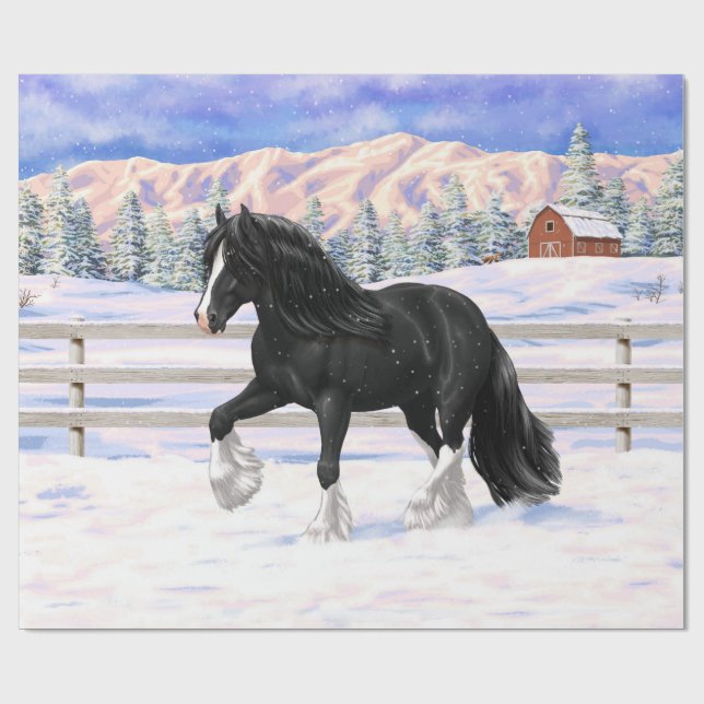 Black Gypsy Vanner Irish Cob Draft Horse i Snö Presentpapper (Platt)