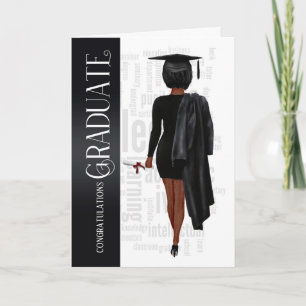 Black Hair Black Cap och Gown Female Student Card Kort