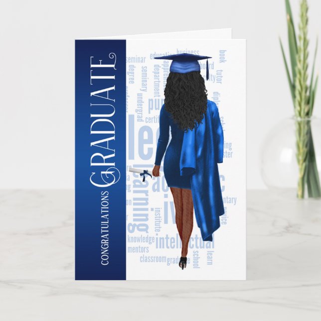 Black Hair Blue Cap och Gown Student Kort (Framsida)