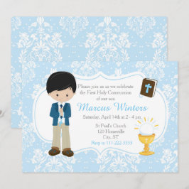 Black Hair Boy First Communion Damask Inbjudningar