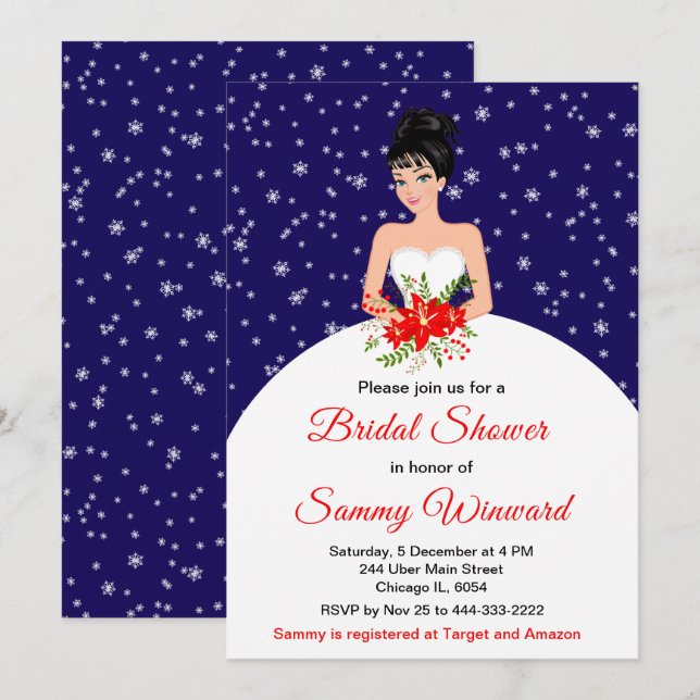Black Hair Bride Snowflake Navy Möhippa Inbjudningar (Fram/baksida)