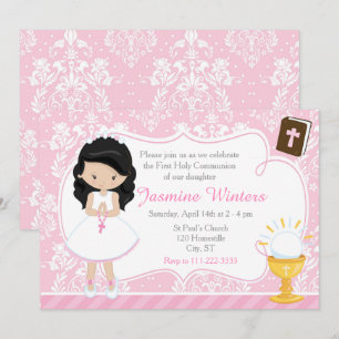 Black Hair Girl First Communion Damask Inbjudningar