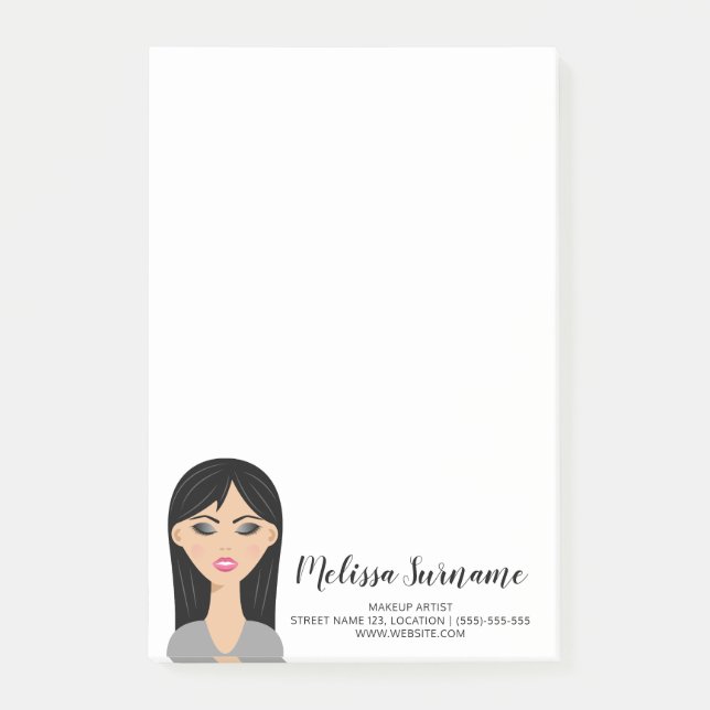 Black Hair Girl Illustration Anpassningsbar Makeup Post-it Block (Framsida)
