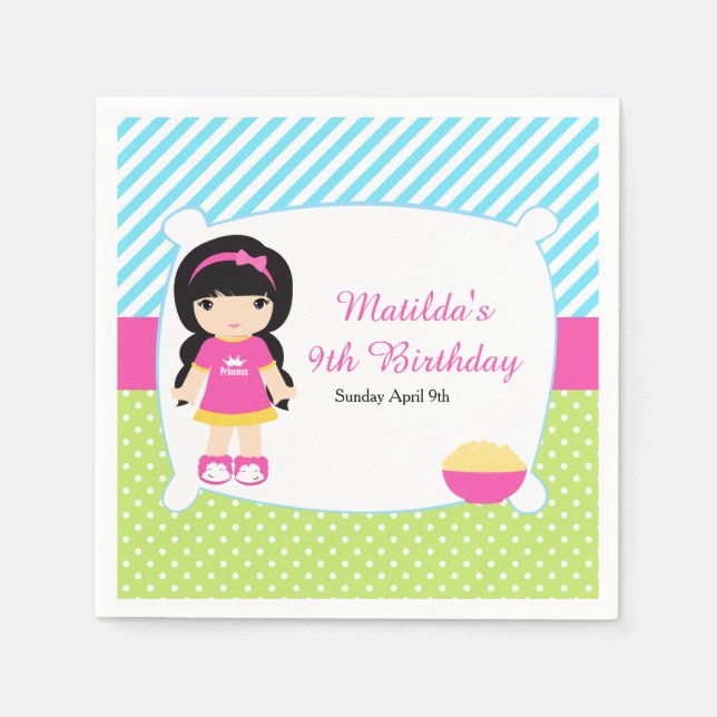 Black Hair Girl Sleepover Slumber Party Pappersservett (Framsidan)