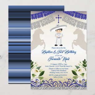 Black Hair Mexican Navy Blue Boy Baptism Birthday Inbjudningar