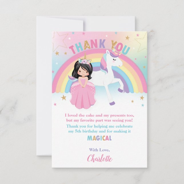 Black Hair Princess och Rainbow Unicorn Birthday Tack Kort (Framsida)