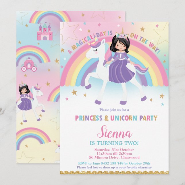 Black Hair Princess Unicorn Rainbow Födelsedagsfes Inbjudningar (Fram/baksida)