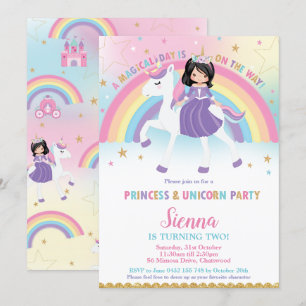 Black Hair Princess Unicorn Rainbow Födelsedagsfes Inbjudningar