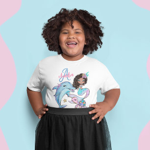 Black Hair Sjöjungfru Anpassningsbar Kids Namn Ros T Shirt