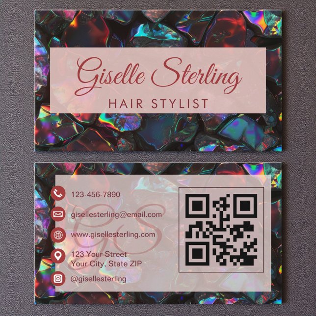 Black Hair Stylist Opal Gemstone QR-kod Visitkort (Skapare uppladdad)