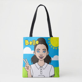 Black Hair Tecknad Girl School Student Bibliotek Tygkasse