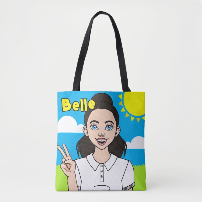 Black Hair Tecknad Girl School Student Bibliotek Tygkasse (Framsida)