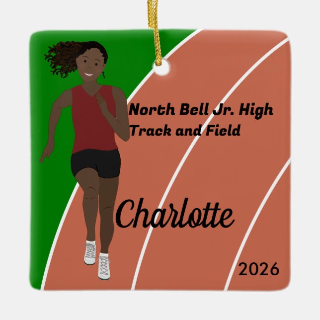 Black Hair Track and Fält Girl Girl in Maroon Blac Julgransprydnad Keramik (Framsida)