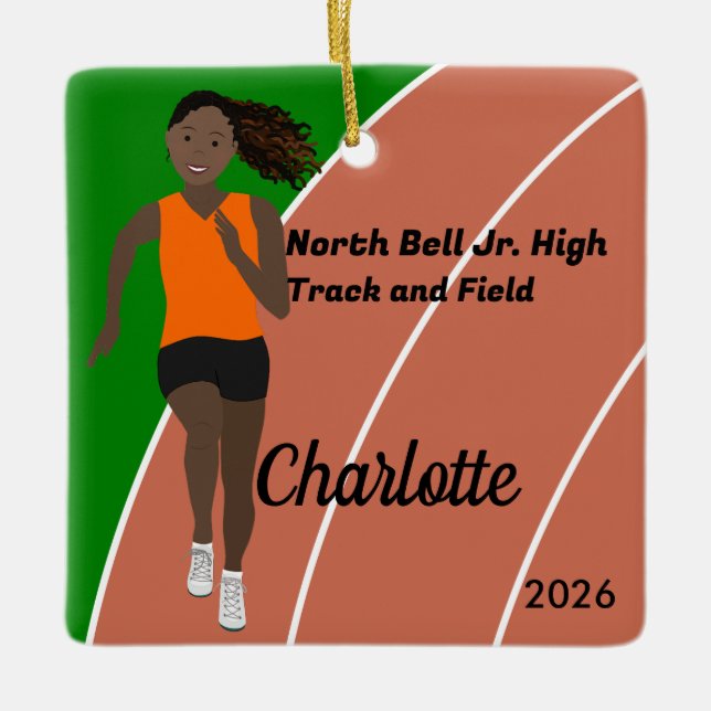 Black Hair Track och Fält Girl i Orange Black Julgransprydnad Keramik (Framsida)