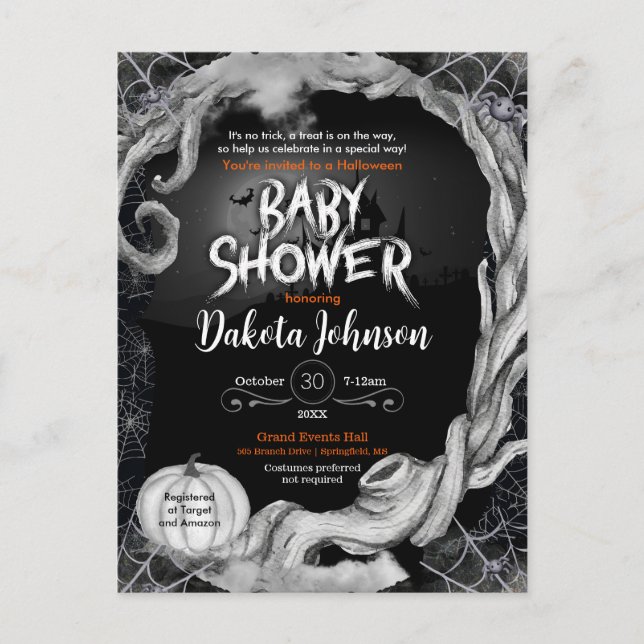 Black Halloween Baby Shower-inbjudan med register Inbjudan Vykort (Framsida)